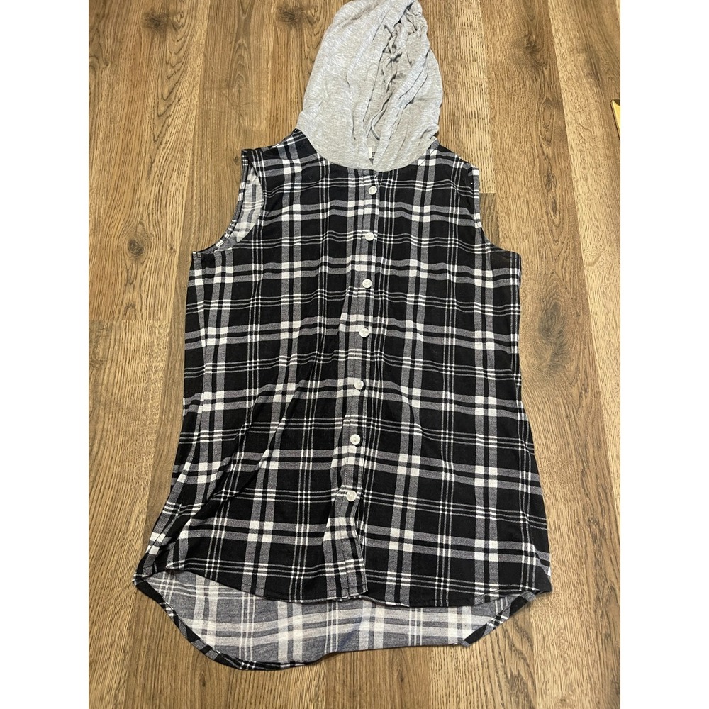 Passport Shirt, Women's Small, Black White Gray, Button Up, Sleeveless, Hoodie